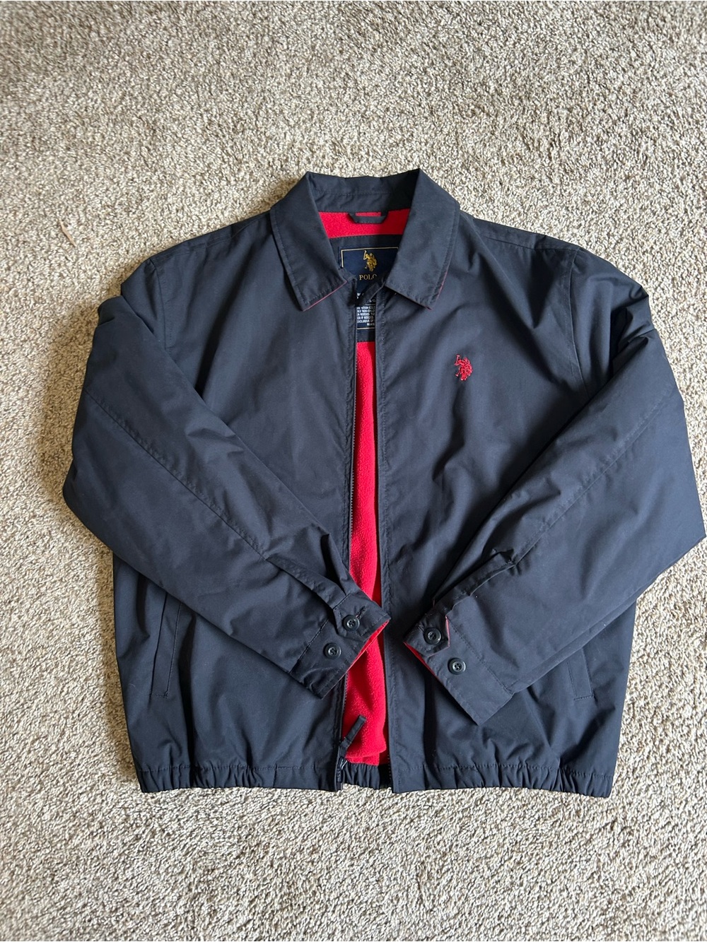 U.S. Polo Assn. Men's Black Bomber Jacket with Red Fleece Lining Size L